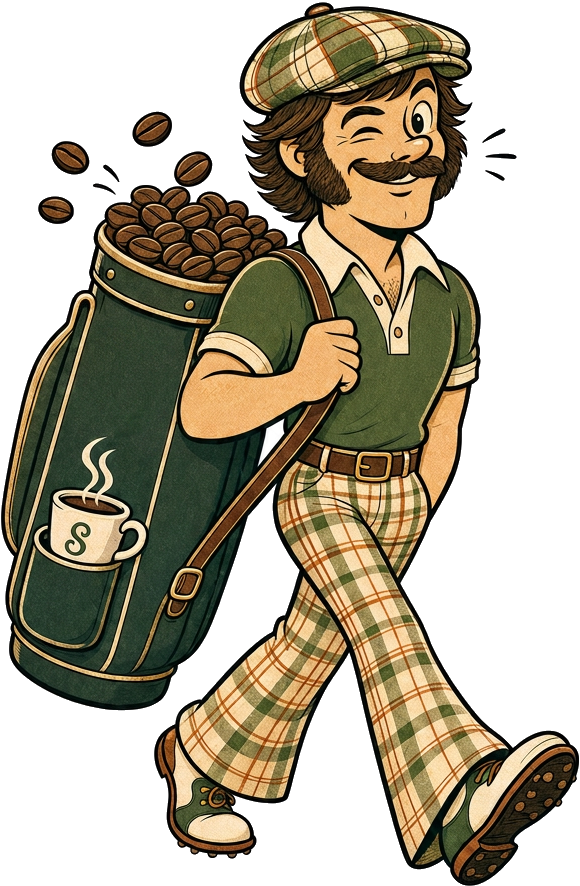 The Sandbagger carrying coffee in a golf bag